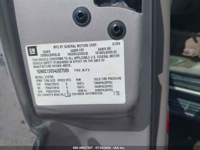 2004 Chevrolet Tahoe Ls VIN: 1GNEC13V34J327509 Lot: 39927007