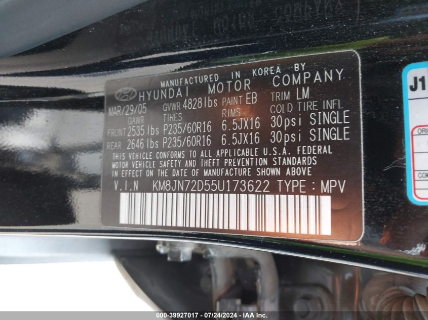 2005 Hyundai Tucson Gls/Lx VIN: KM8JN72D55U173622 Lot: 39927017