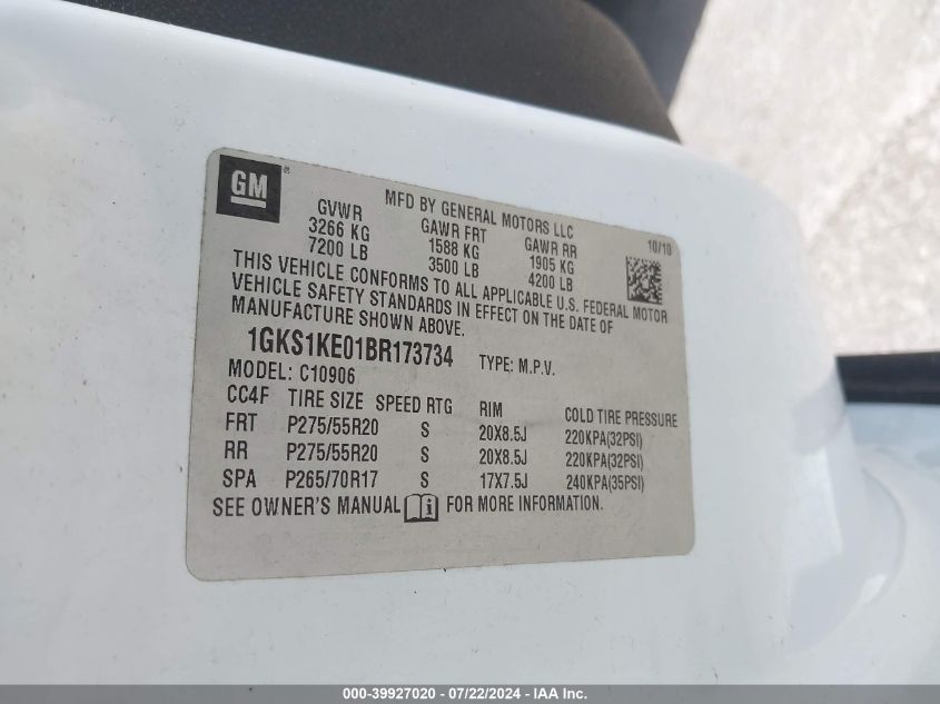 2011 GMC Yukon Xl 1500 Slt VIN: 1GKS1KE01BR173734 Lot: 39927020