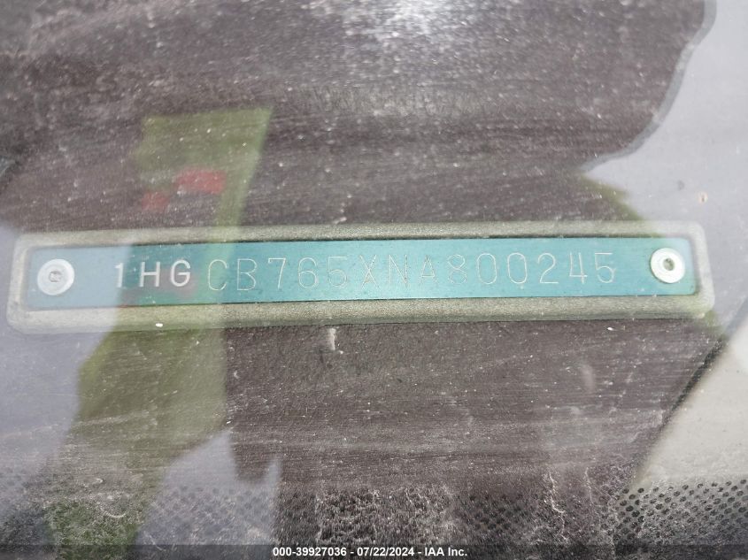 1992 Honda Accord Lx VIN: 1HGCB765XNA800245 Lot: 39927036