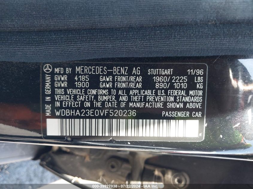 1997 Mercedes-Benz C 230 VIN: WDBHA23E0VF520236 Lot: 39927038