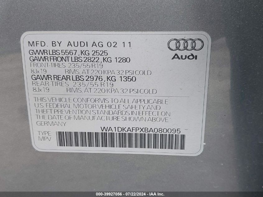 2011 Audi Q5 3.2 Premium Plus VIN: WA1DKAFPXBA080095 Lot: 39927056