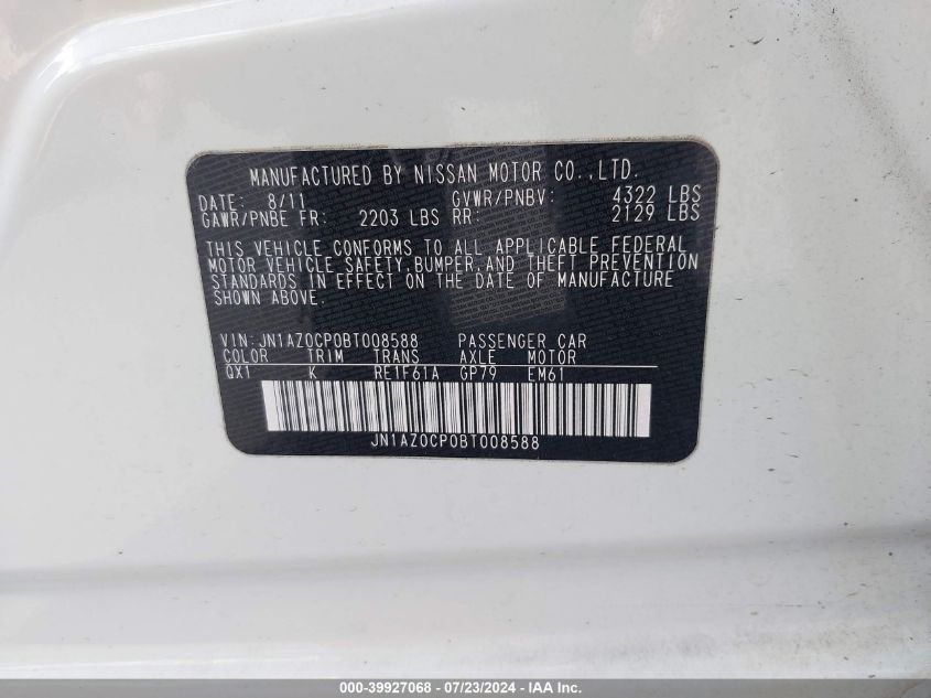 2011 Nissan Leaf Sl VIN: JN1AZ0CP0BT008588 Lot: 39927068