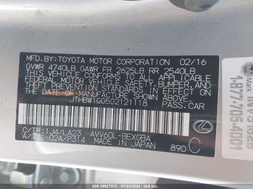 2016 Lexus Es 300H VIN: JTHBW1GG5G2121118 Lot: 39927072