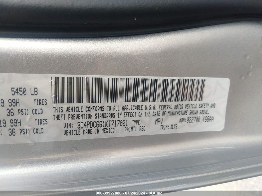 2019 Dodge Journey Crossroad VIN: 3C4PDCGG1KT717021 Lot: 39927080