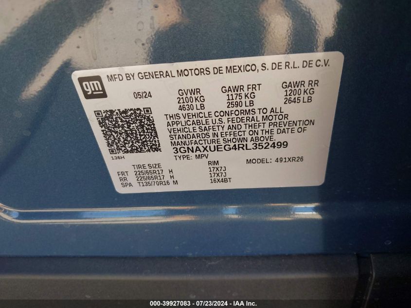 2024 Chevrolet Equinox Awd Lt VIN: 3GNAXUEG4RL352499 Lot: 39927083