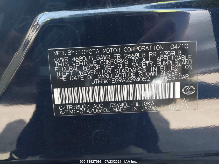 2010 Lexus Es 350 VIN: JTHBK1EG9A2394052 Lot: 39927093