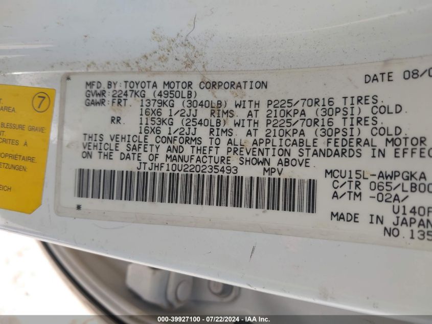 2002 Lexus Rx 300 VIN: JTJHF10U220235493 Lot: 39927100