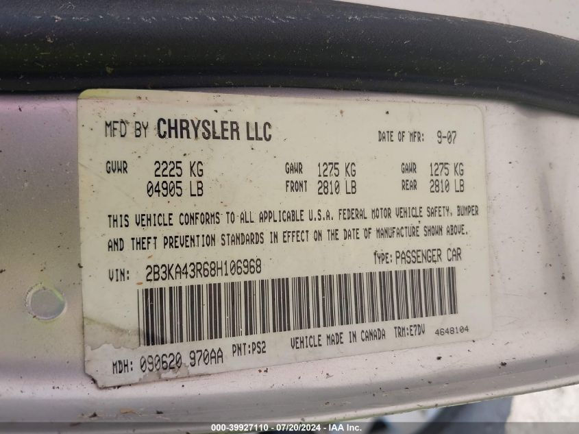 2008 Dodge Charger VIN: 2B3KA43R68H106968 Lot: 39927110