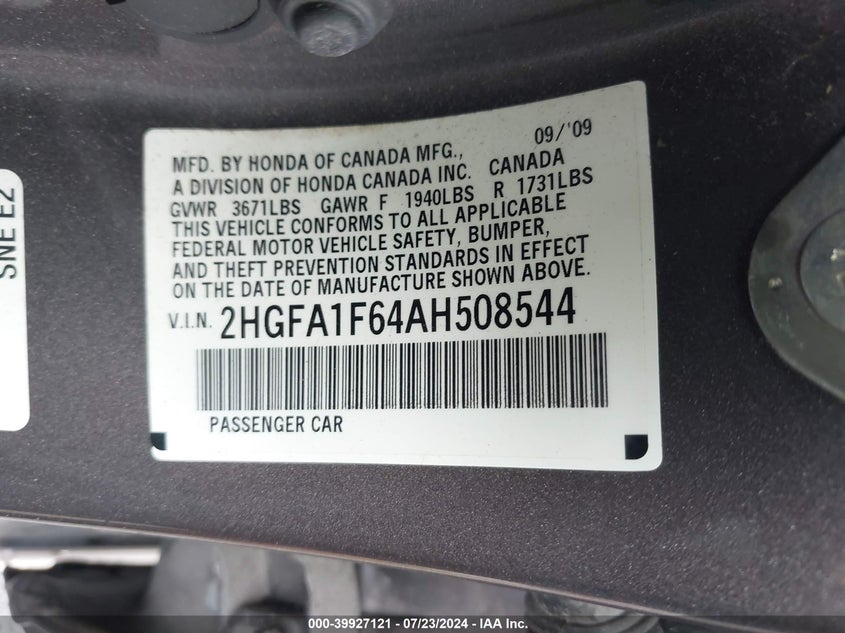 2010 Honda Civic Lx-S VIN: 2HGFA1F64AH508544 Lot: 39927121