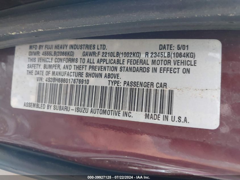 2001 Subaru Outback Limited VIN: 4S3BH686017676910 Lot: 39927125