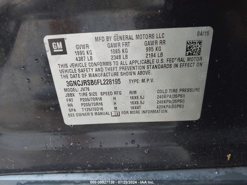 2015 Chevrolet Trax 1Lt VIN: 3GNCJRSB6FL228195 Lot: 39927138