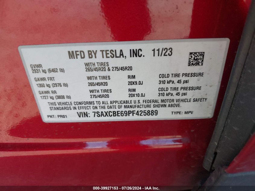 2023 Tesla Model X VIN: 7SAXCBE69PF425889 Lot: 39927153