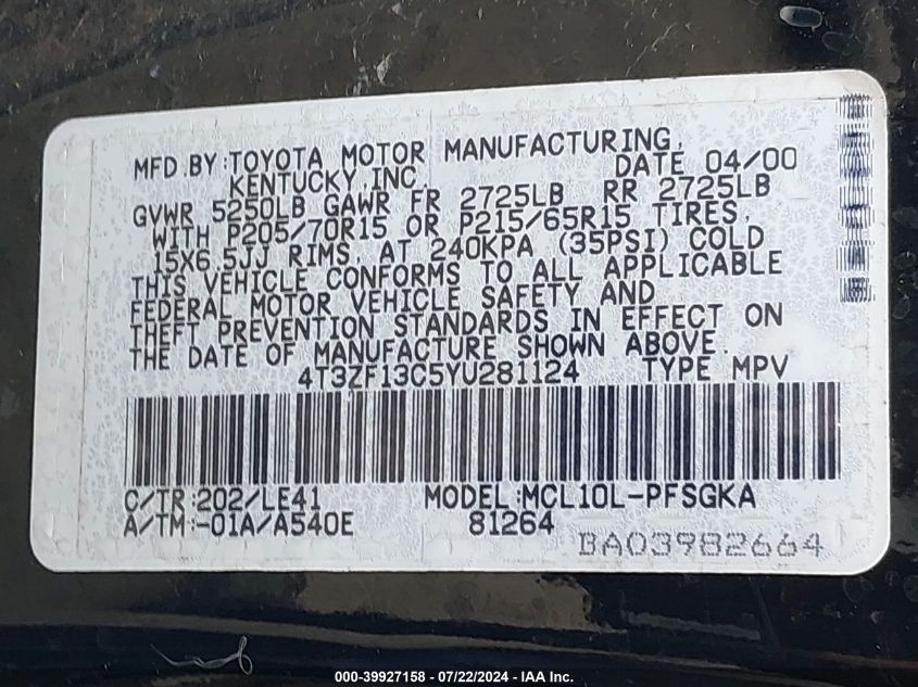 2000 Toyota Sienna Xle VIN: 4T3ZF13C5YU281124 Lot: 39927158