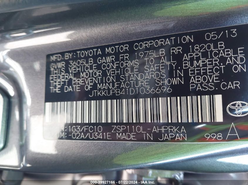 2013 Scion Xd VIN: JTKKUPB41D1036696 Lot: 39927166