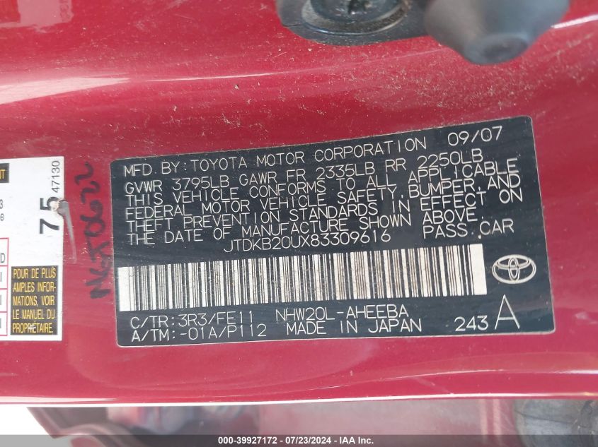 2008 Toyota Prius VIN: JTDKB20UX83309616 Lot: 39927172