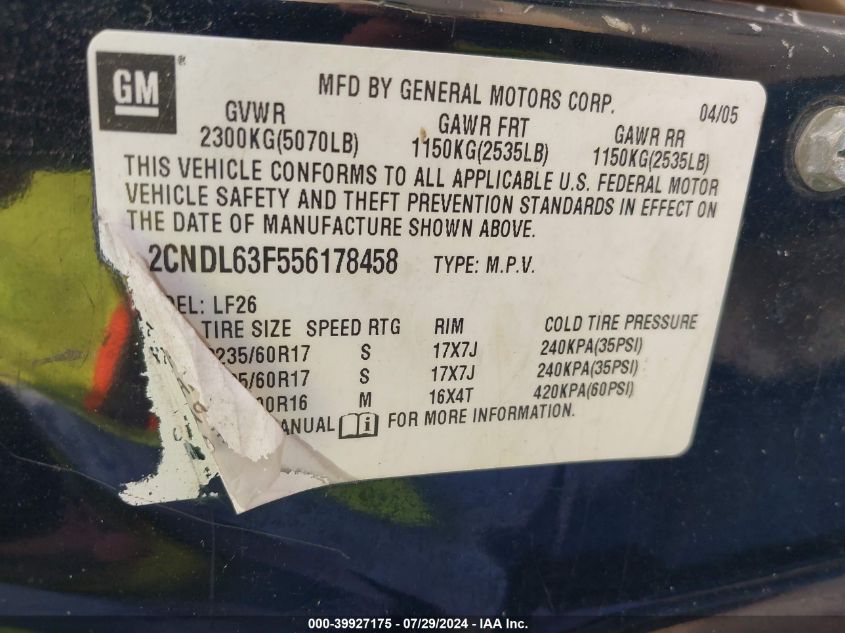 2005 Chevrolet Equinox Lt VIN: 2CNDL63F556178458 Lot: 39927175