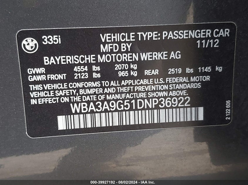 2013 BMW 335I - WBA3A9G51DNP36922