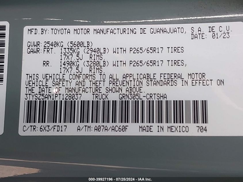 2023 Toyota Tacoma Trd Sport VIN: 3TYSZ5AN1PT128037 Lot: 39927196