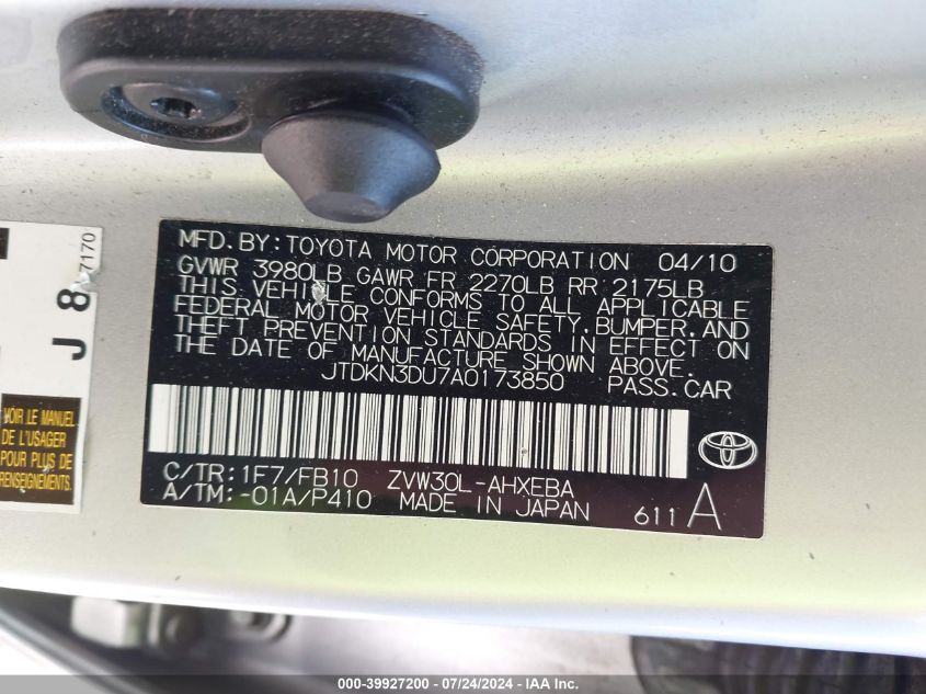 2010 Toyota Prius VIN: JTDKN3DU7A0173850 Lot: 39927200
