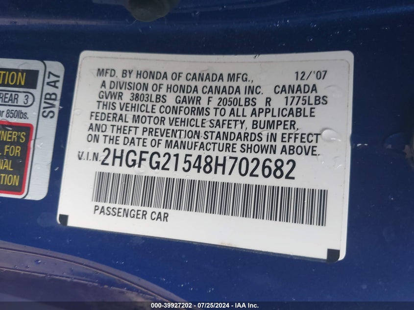 2008 Honda Civic Si VIN: 2HGFG21548H702682 Lot: 39927202