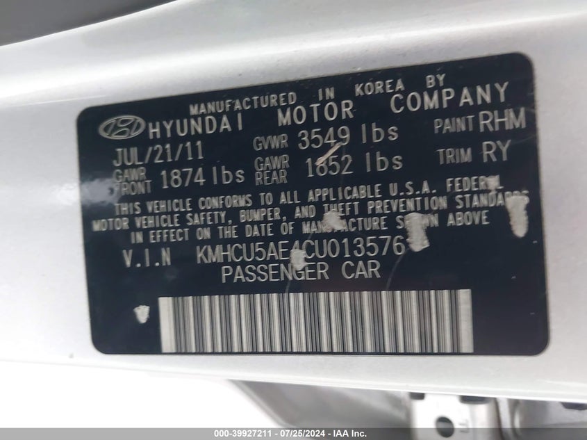 2012 Hyundai Accent Gls/Gs/Se VIN: KMHCU5AE4CU013576 Lot: 39927211