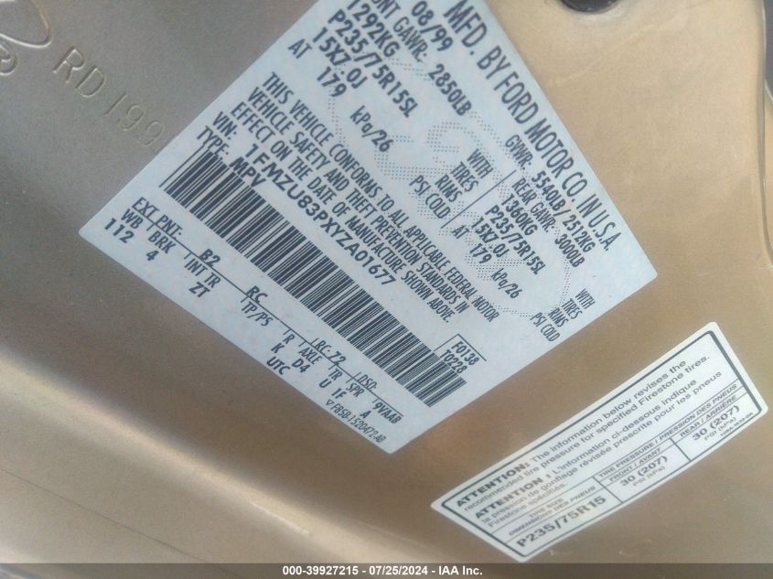 2000 Ford Explorer Xlt VIN: 1FMZU83PXYZA01677 Lot: 39927215