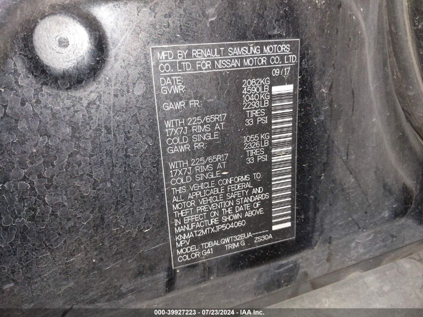 2018 Nissan Rogue S/Sv VIN: KNMAT2MTXJP504060 Lot: 39927223