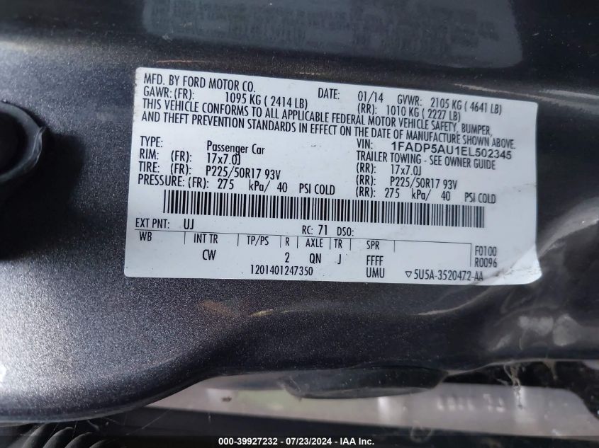 2014 Ford C-Max Hybrid Se VIN: 1FADP5AU1EL502345 Lot: 39927232