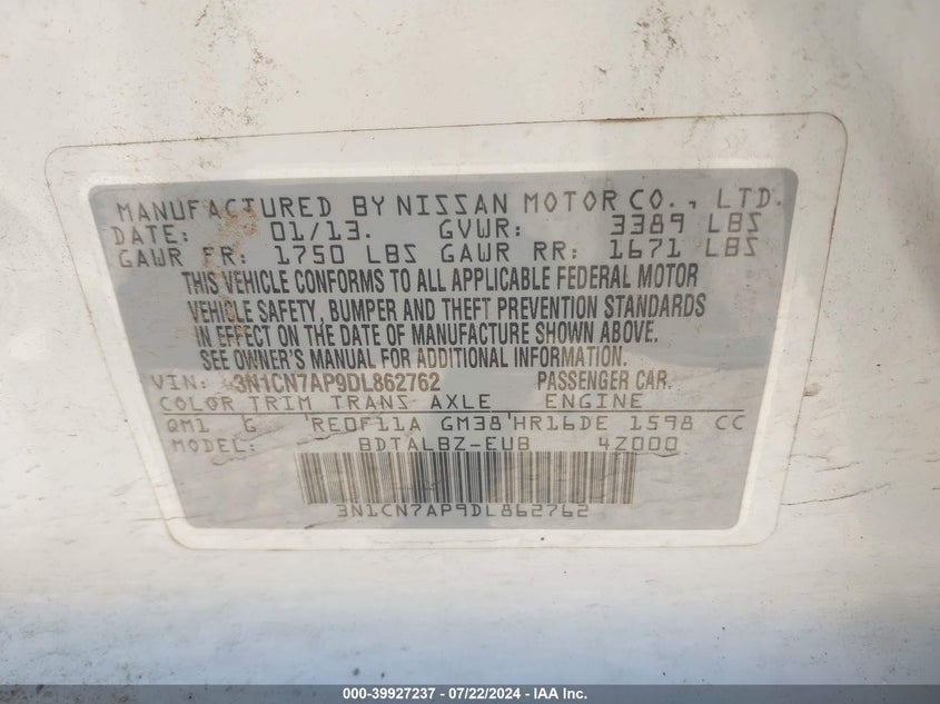 2013 Nissan Versa 1.6 Sv VIN: 3N1CN7AP9DL862762 Lot: 39927237