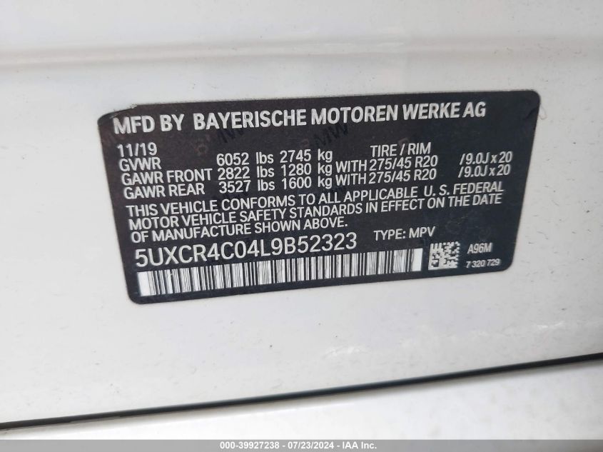 2020 BMW X5 Sdrive40I VIN: 5UXCR4C04L9B52323 Lot: 39927238