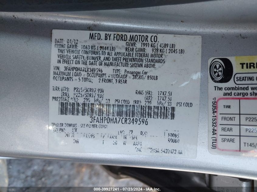 2012 Ford Fusion Se VIN: 3FAHP0HA7CR349596 Lot: 39927241