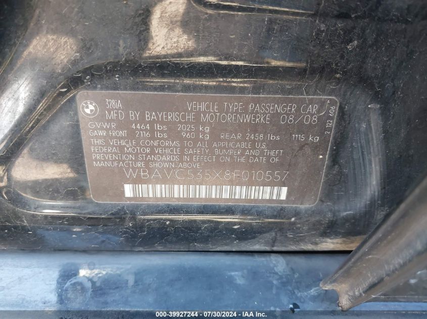 2008 BMW 328I VIN: WBAVC535X8F010557 Lot: 39927244