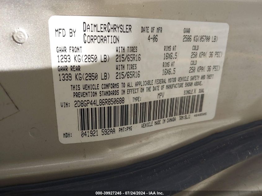 2006 Dodge Grand Caravan Sxt VIN: 2D8GP44L86R850688 Lot: 39927245