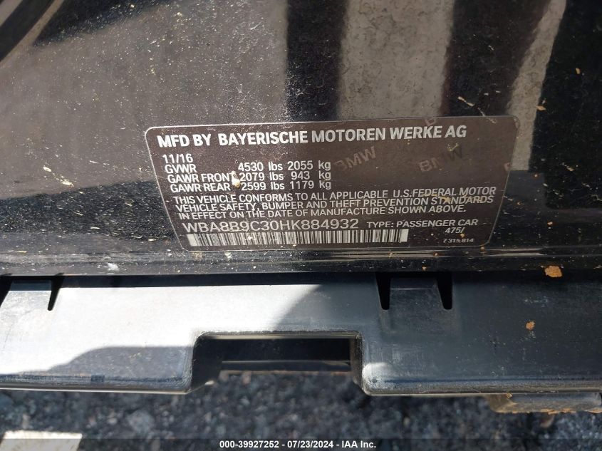 2017 BMW 330I VIN: WBA8B9C30HK884932 Lot: 39927252