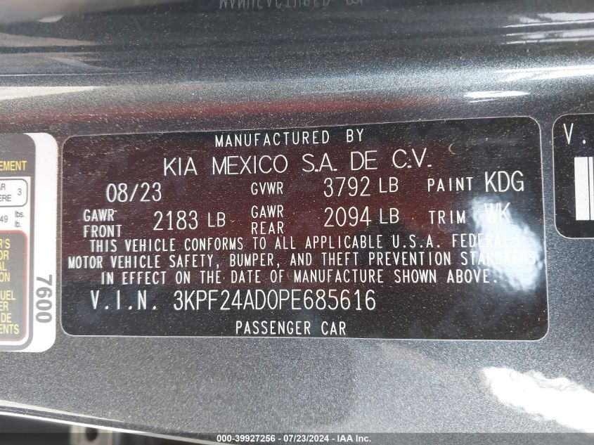 2023 Kia Forte Lx VIN: 3KPF24AD0PE685616 Lot: 39927256