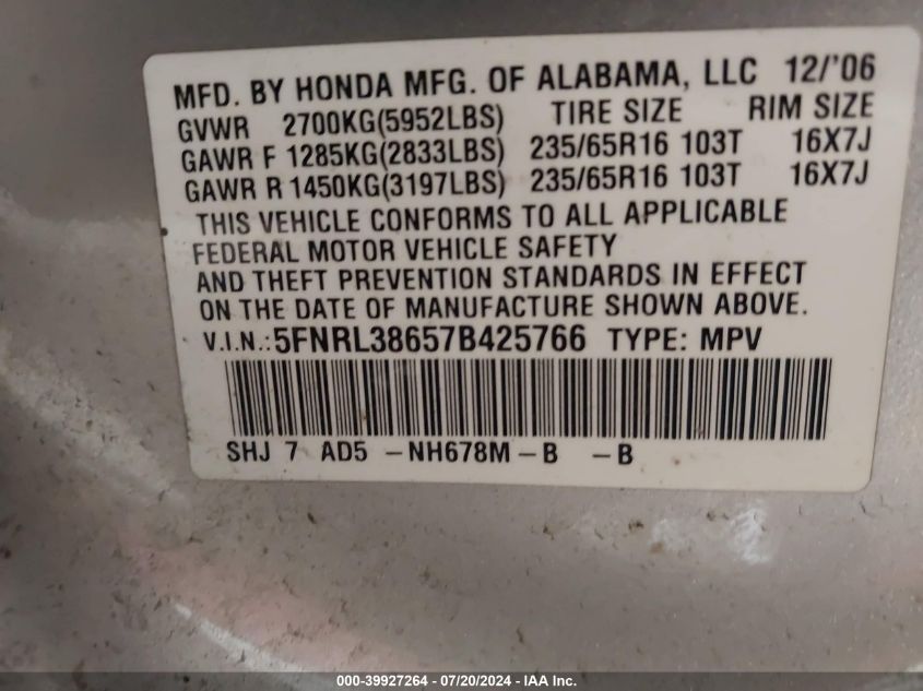 2007 Honda Odyssey Ex-L VIN: 5FNRL38657B425766 Lot: 39927264