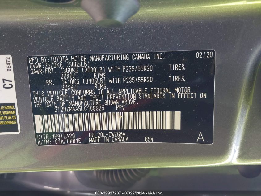 2020 Lexus Rx 350 VIN: 2T2HZMAA5LC168925 Lot: 39927287