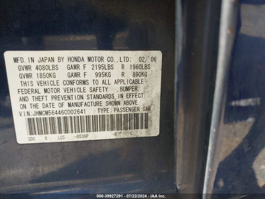 2006 Honda Accord 2.4 Lx VIN: JHMCM56446C002641 Lot: 39927291