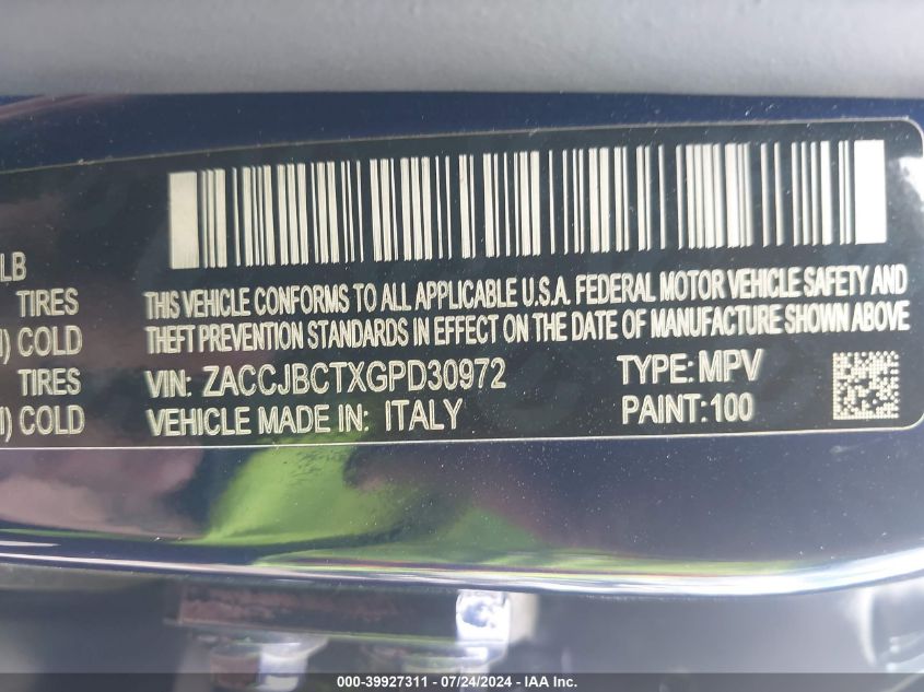 2016 Jeep Renegade Trailhawk VIN: ZACCJBCTXGPD30972 Lot: 39927311