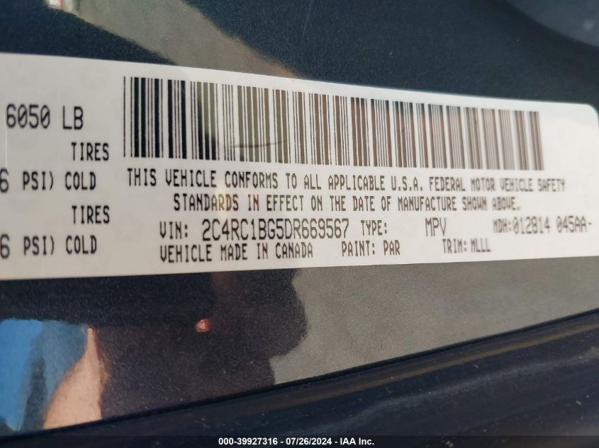 2013 Chrysler Town & Country Touring VIN: 2C4RC1BG5DR669567 Lot: 39927316