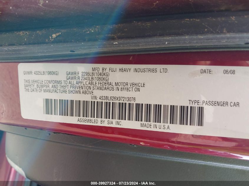 2009 Subaru Legacy 2.5I Limited VIN: 4S3BL626X97213076 Lot: 39927324
