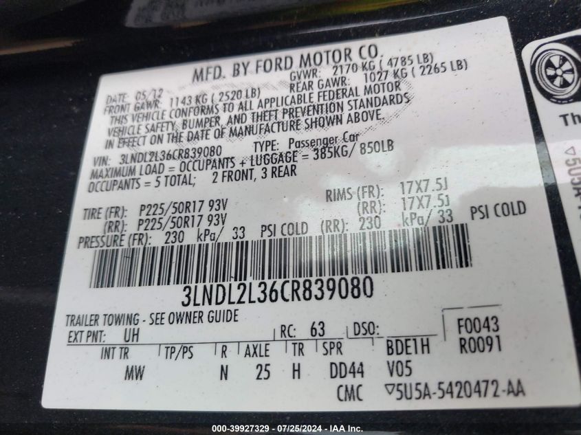 2012 Lincoln Mkz Hybrid VIN: 3LNDL2L36CR839080 Lot: 39927329