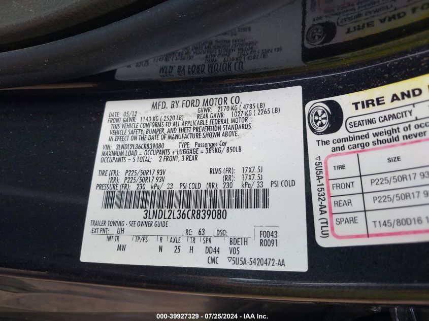 2012 Lincoln Mkz Hybrid VIN: 3LNDL2L36CR839080 Lot: 39927329