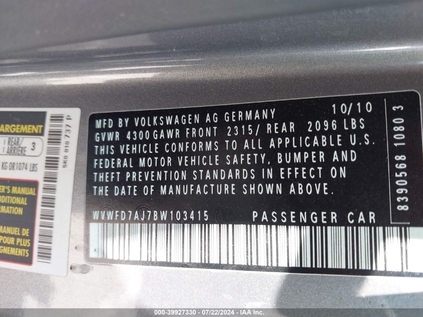 2011 Volkswagen Gti 2-Door VIN: WVWFD7AJ7BW103415 Lot: 39927330
