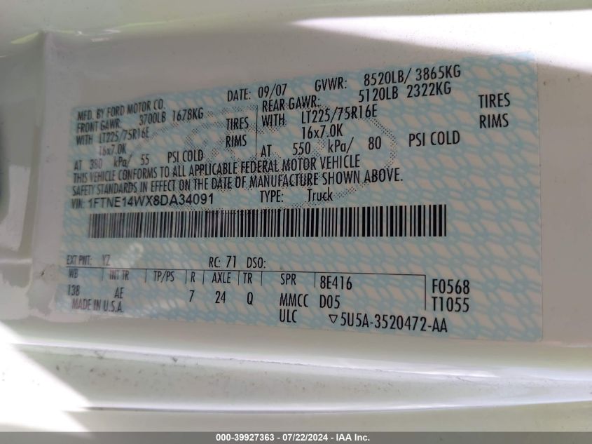 2008 Ford E-150 Commercial/Recreational VIN: 1FTNE14WX8DA34091 Lot: 39927363