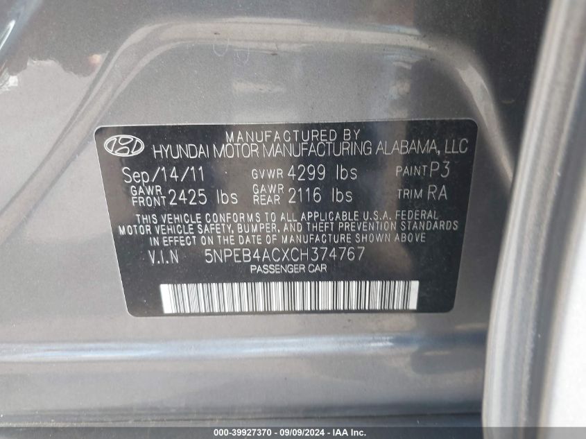 5NPEB4ACXCH374767 2012 Hyundai Sonata Gls