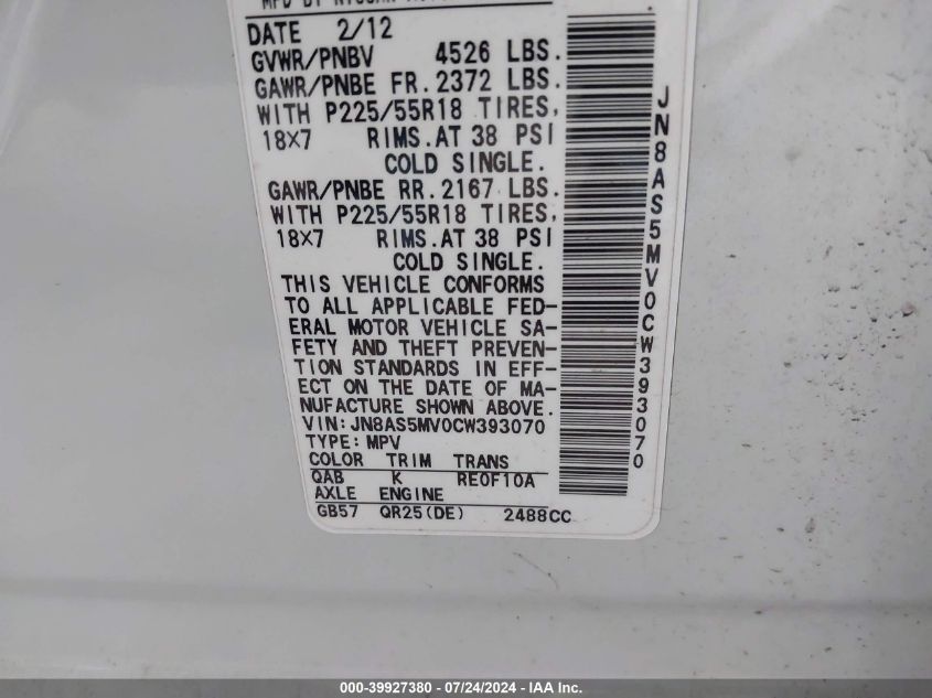 2012 Nissan Rogue Sv W/Sl Pkg VIN: JN8AS5MV0CW393070 Lot: 39927380