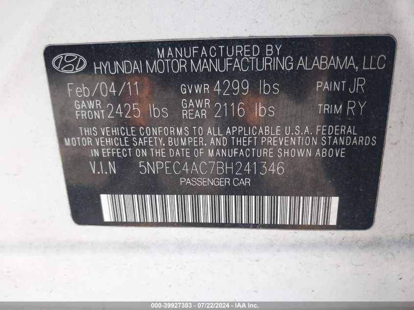 2011 Hyundai Sonata Se VIN: 5NPEC4AC7BH241346 Lot: 39927383