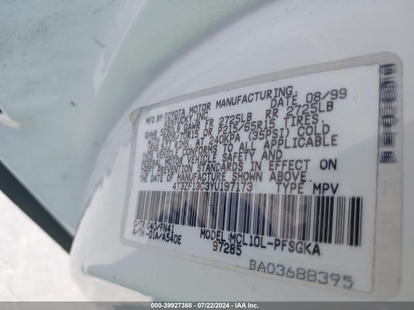 2000 Toyota Sienna Le VIN: 4T3ZF13C3YU197173 Lot: 39927388